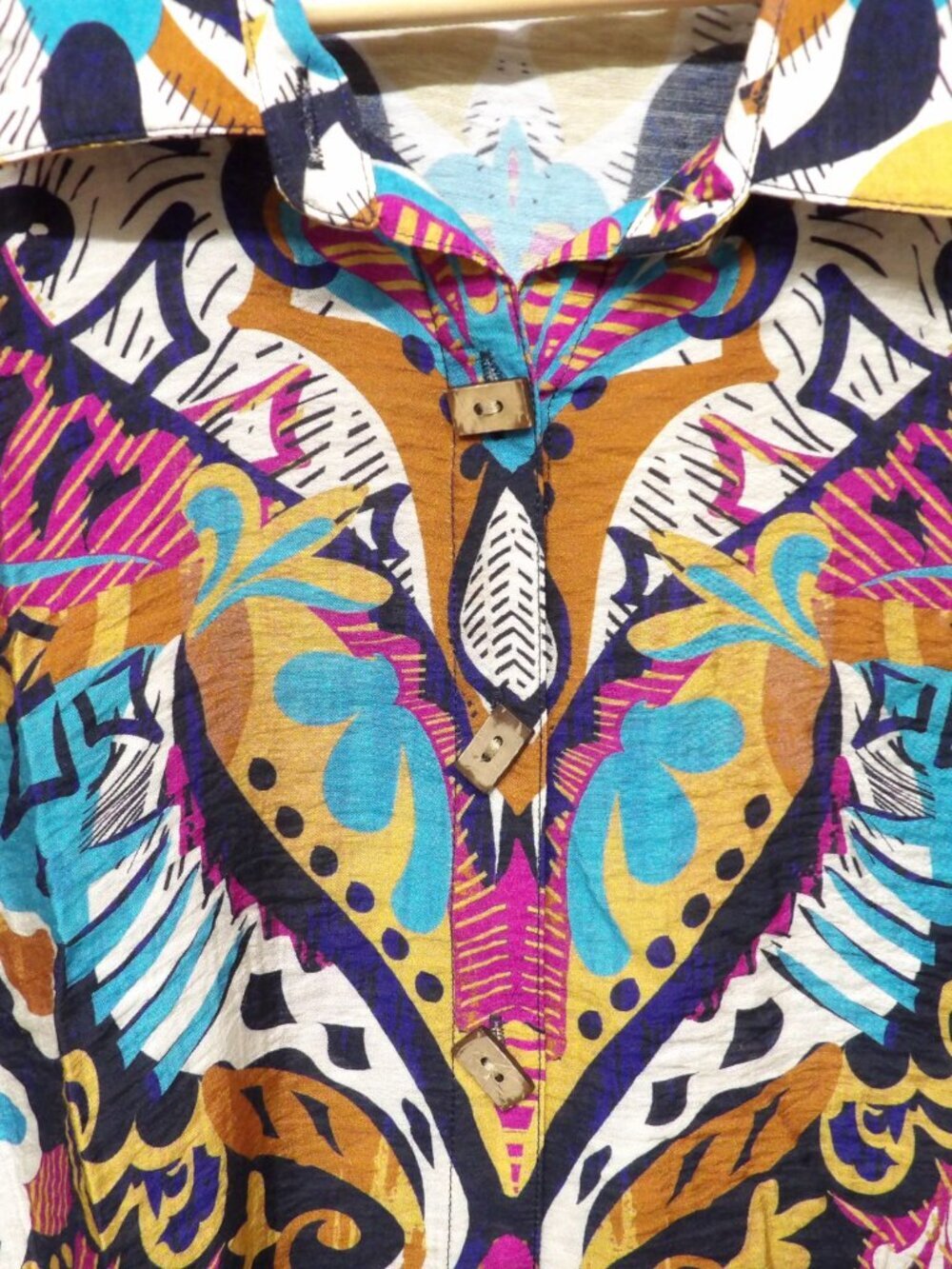 Multiples L Boho Print Button Front Blouse Colorful Tunic Top Womens 3/4 Sleeve - Picture 4 of 9